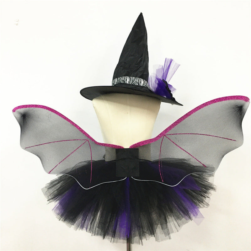 Children’s Halloween Witch Cosplay Hat Skirt Wings 1-Piece Sets