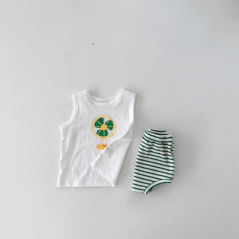 Summer Baby Kids Unisex Cartoon Pattern Top Vest And Striped Bloomers Clothing Set