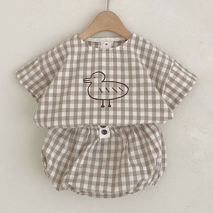 Baby Girl Plaid Polka Dot Pattern Duckling Print Short Sleeved Top Combo Pants Sets