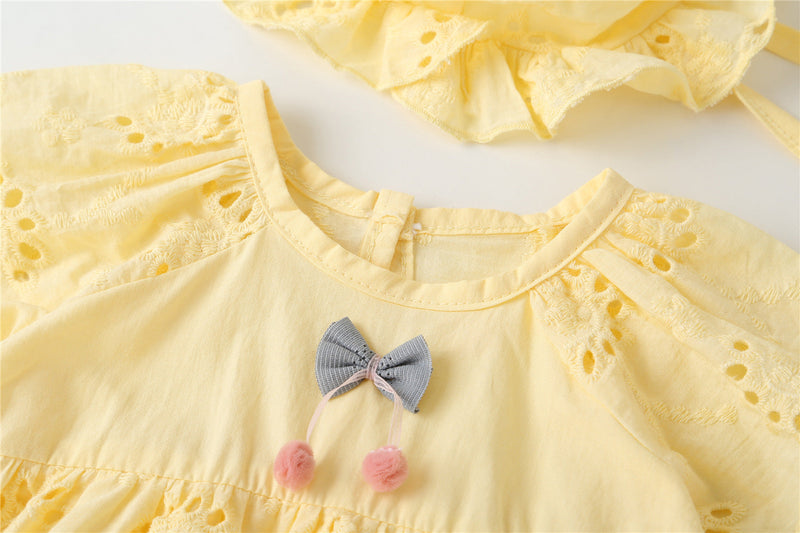 Baby Girl 1pcs Solid Color Hollow Carved Design Bow Onesies Dress