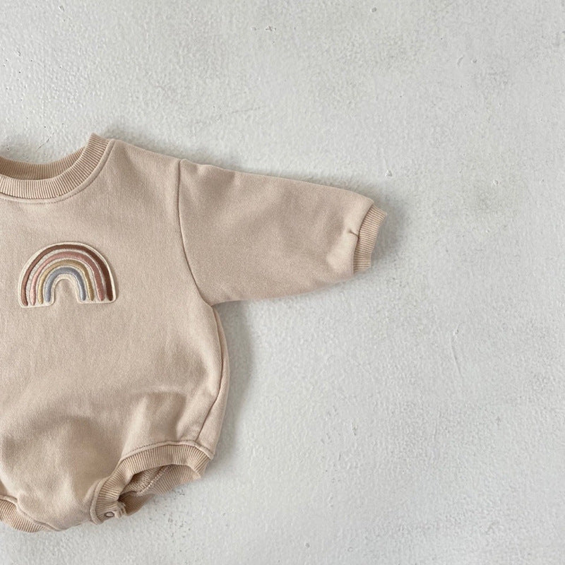 Baby 1pcs Rainbow Embroidery Pattern Solid Color Long Sleeves Soft Bodysuit