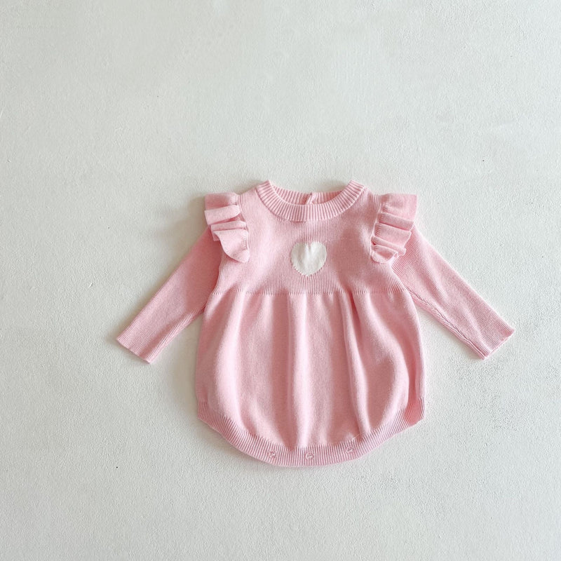 Baby Girl 1pcs Heart Embroidered Pattern Ruffle Long Sleeve Knit Onesies