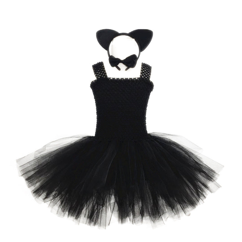 Children’s Halloween Solid Color Cat Costume Mesh Tutu Dress & 1-Piece Jewelry Sets