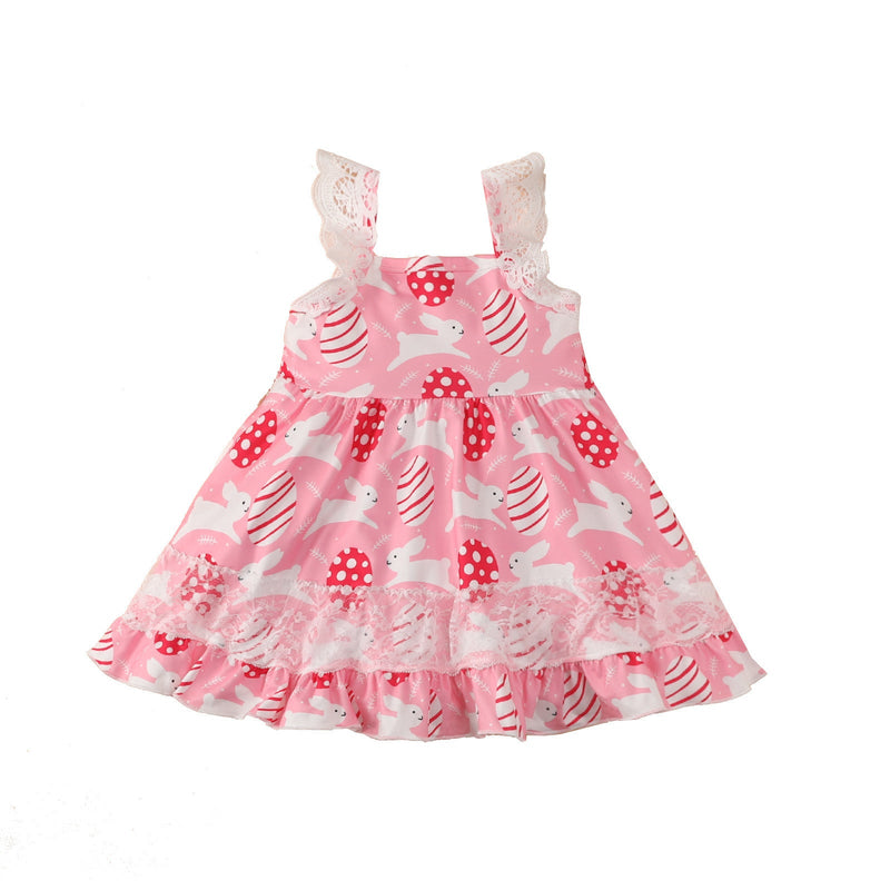 Baby Girl Rabbit & Egg Graphic Mesh Patchwork Design Sleeveless Dress