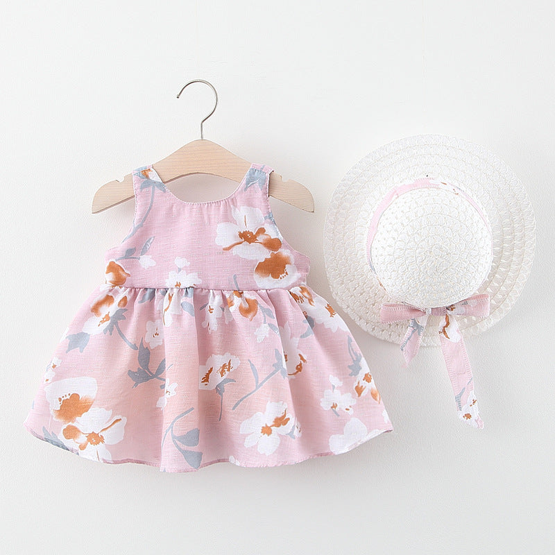 Baby Flower Pattern Bow Patched Design Sling Dress In Summer With Hat