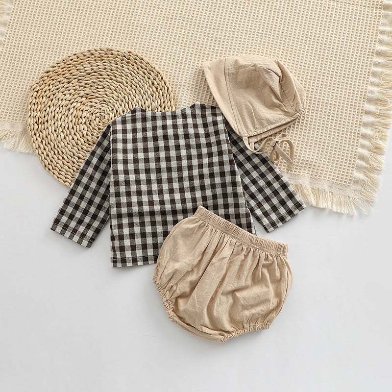 Baby Plaid Graphic Tops And Solid Shorts With Hat 1Pieces Sets