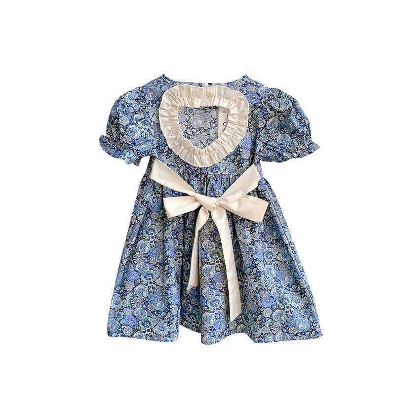 Baby Girl Floral Embroidered Pattern Lace Patchwork Design Backless Puff-Sleeved Dress