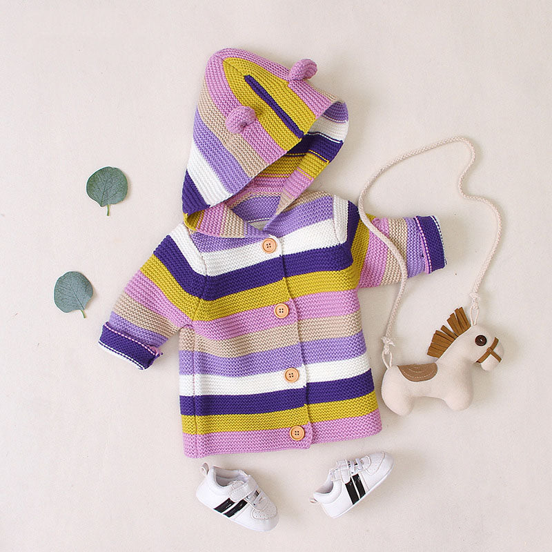 Baby Colorful Striped Pattern Button Front Knitted Cardigan With Hat