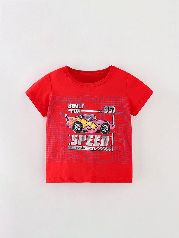 Boys’ Racing Car Cartoon Print T-Shirt In European And American Style