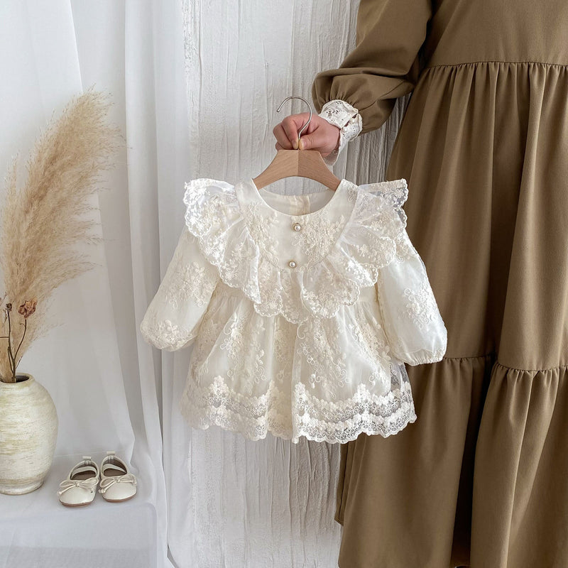 Autumn New Arrival Baby Girls Long Sleeves Floral Embroidery Tulle Onesies Dress with Ruffle Design