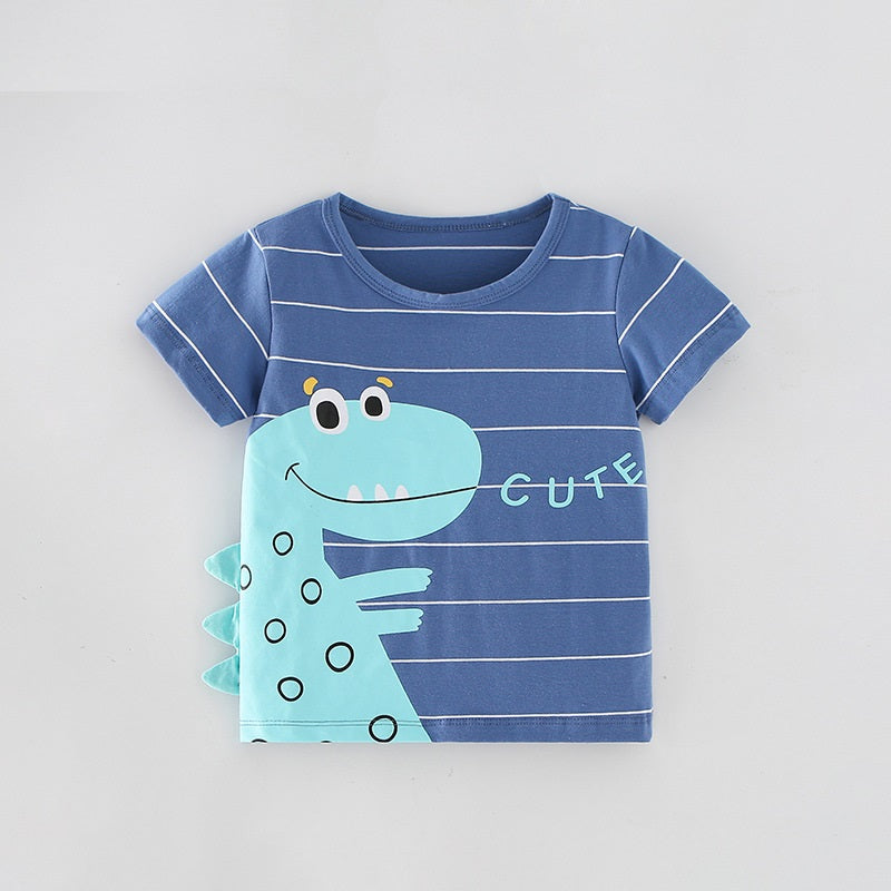 Boys’ Cute Dinosaur Cartoon Pattern Striped Short Sleeves T-Shirt In European And American Style For Summer