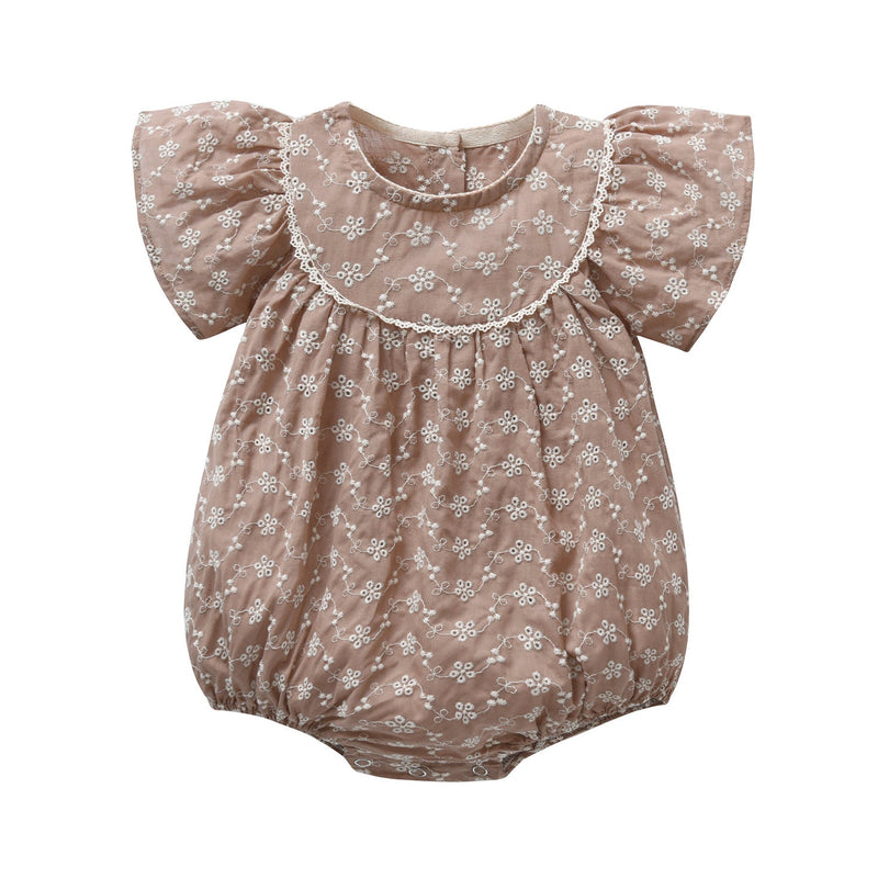 Baby Girls Lace Embroidery Round Collar Fly And Short Sleeve Onesies With Bottons