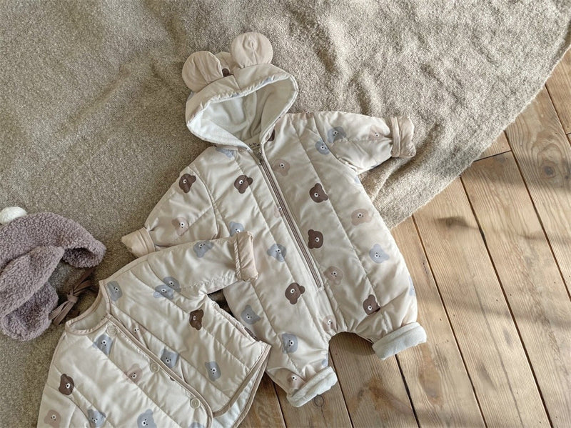 Baby Bear Print Pattern Quilted Warm Coat & Jumpsuit