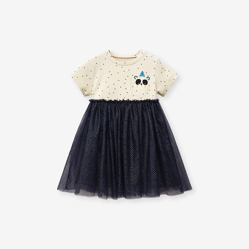 Spring And Summer Baby Girls Short Sleeves Panda Cartoon Polka Dots Chiffon Dress