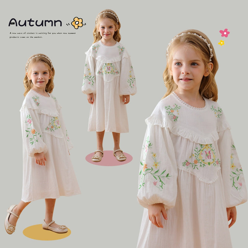 Design Autumn Girls Floral and Vines Pattern Ruffle Neck Long Puff Sleeves Dress