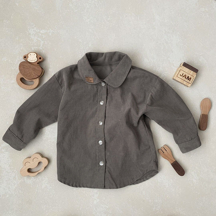 Baby Boy Solid Color Bear Patched Pattern Single Breasted Design Lapel Long Sleeves Shirt