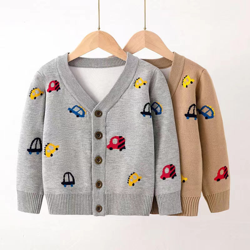 Kid Boys Car Pattern V-Collar Cardigan