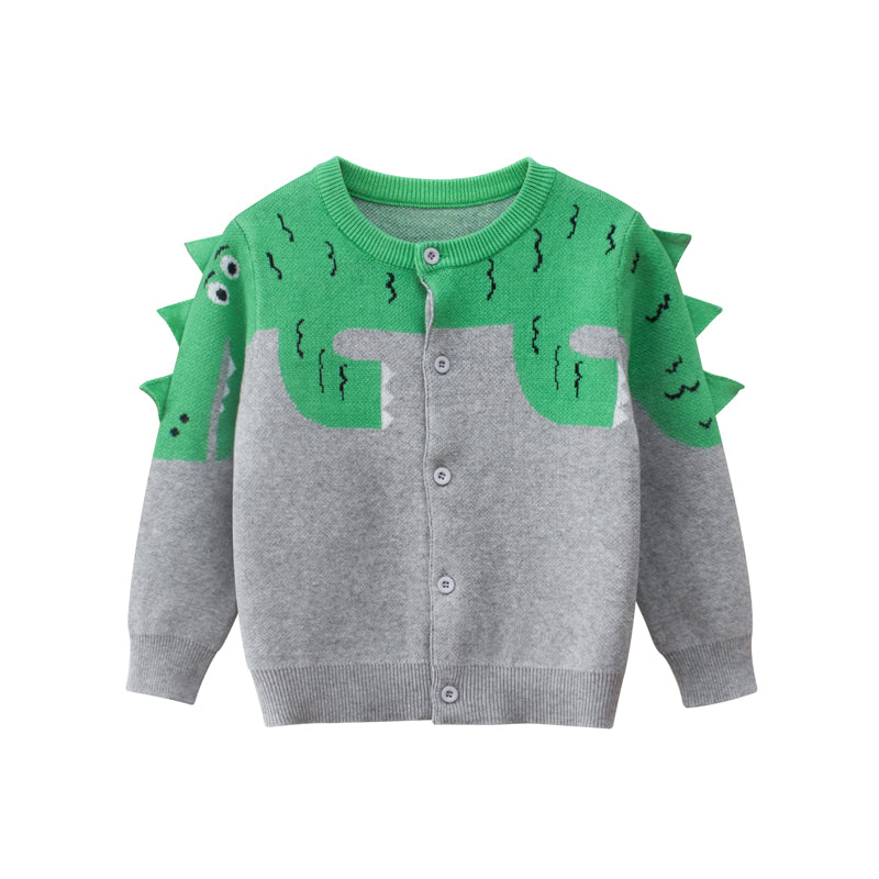 Boys Dinosaur Pattern Round Collar Long-Sleeved Sweater Cardigan