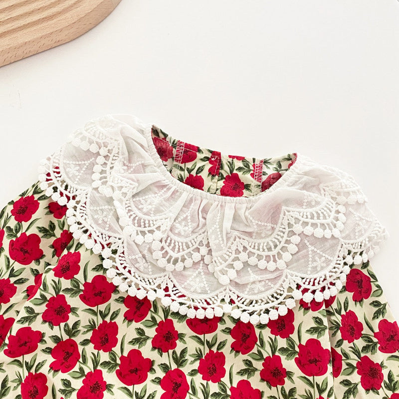 Baby Girl Flower Pattern Labeled Collar Design Long Sleeve Bodysuit