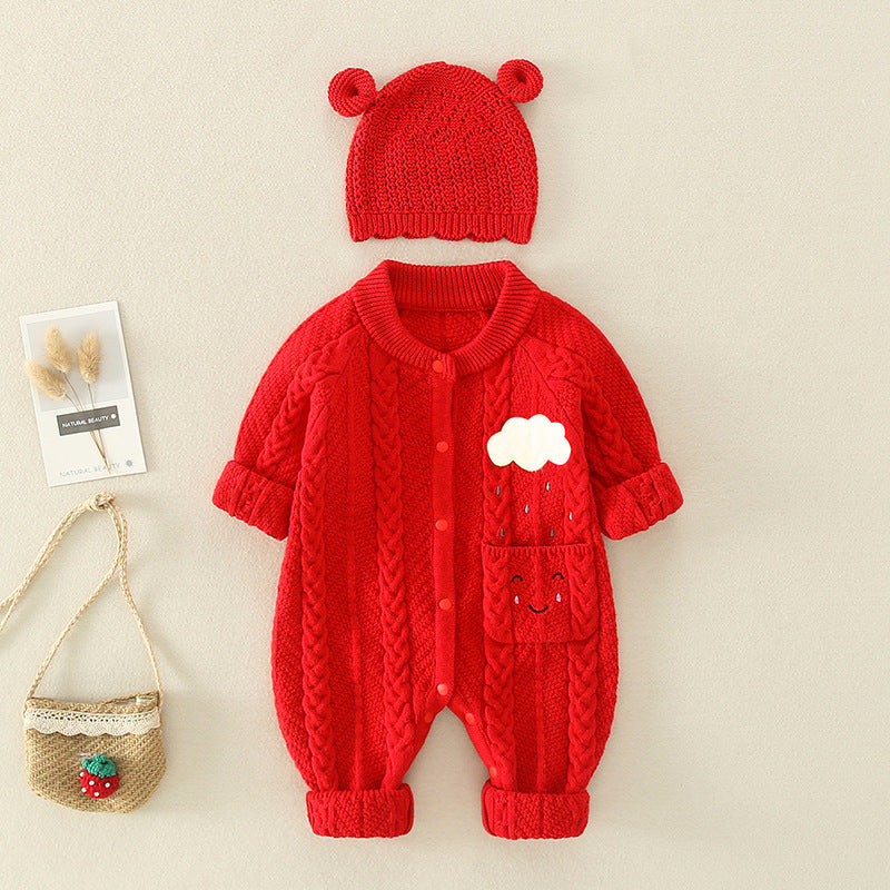 Baby Solid Color Cartoon Embroidered Design Crochet Knit Romper