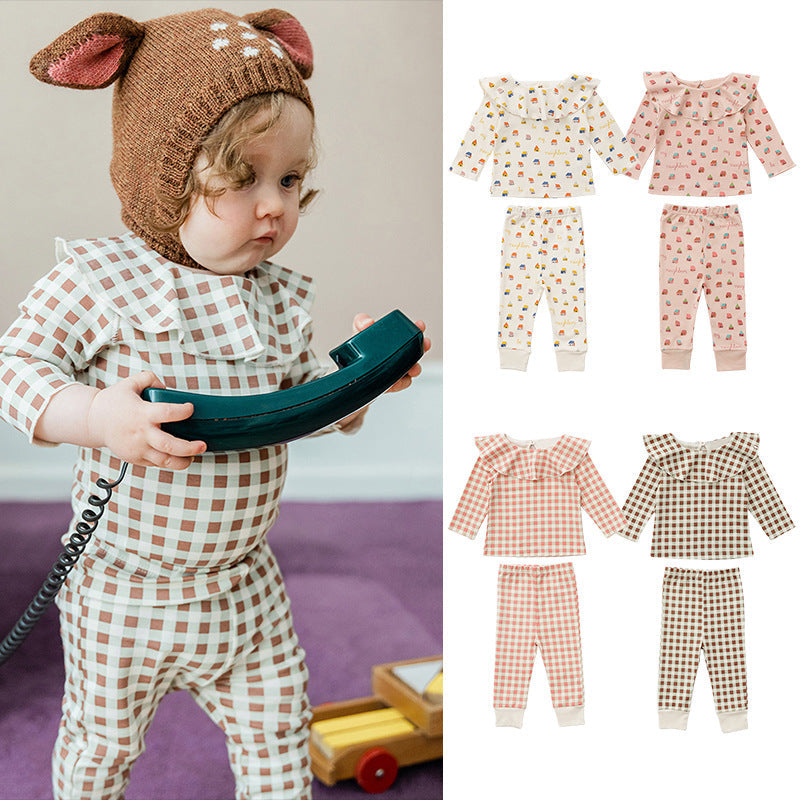 Baby Cartoon & Plaid Pattern Ruffle Neck Design Long Sleeve Sets