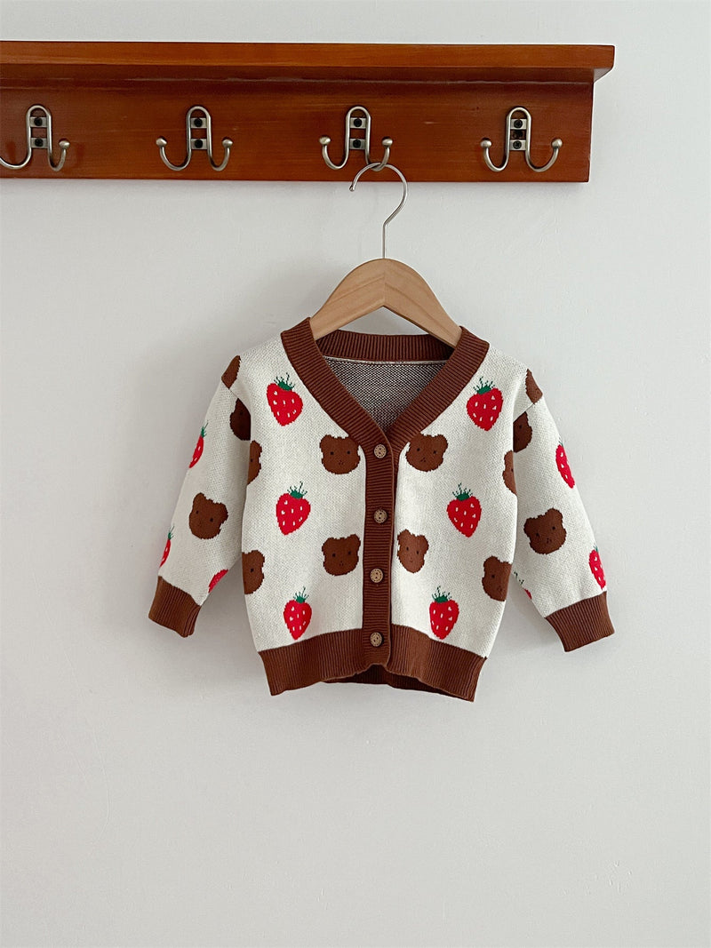 Baby Girls Cute Strawberry Combo Little Bear Head Long-Sleeved Cardigan