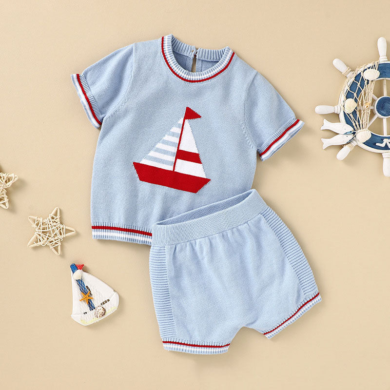 Baby Boy Embroidered Graphic Striped Neck & Sleeve Design Tee Combo Shorts Sailor Style Sets