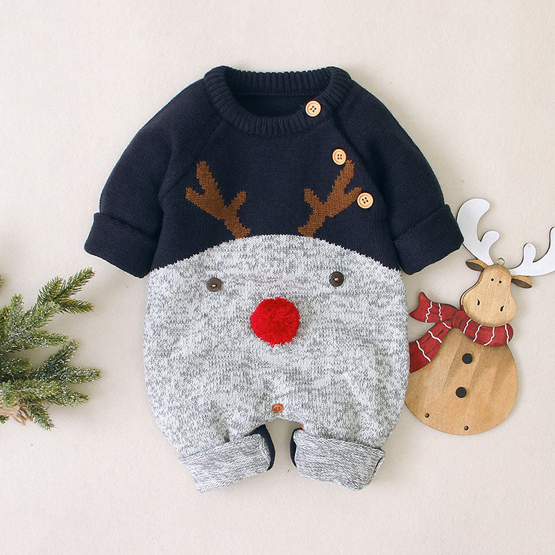 Baby Cartton Pattern Contrast Design Side Button Christmas Knitted Romper