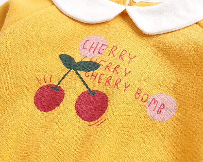 Baby Girl 1pcs Cherry & Slogan Pattern Doll Neck Longsleeve Onesies