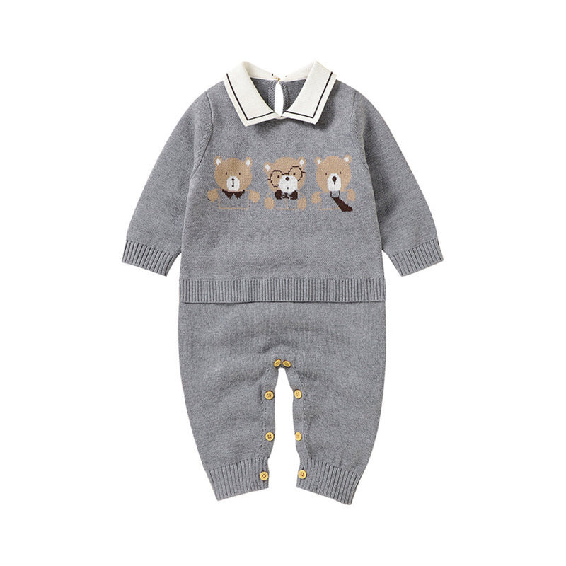 Baby Cartoon Bear Pattern Lapel Design Knitted Romper