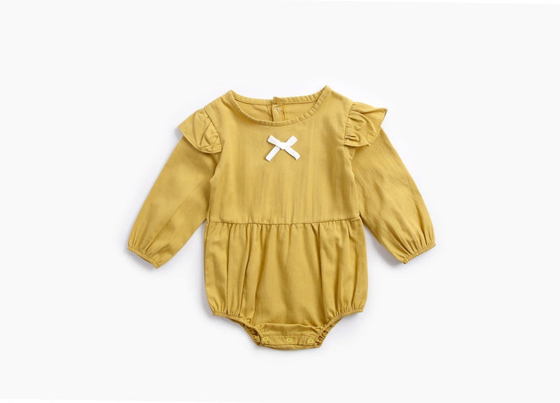 Baby Girl Solid Color Bow Patched Design Little Butterfly Sleeves Bodysuit