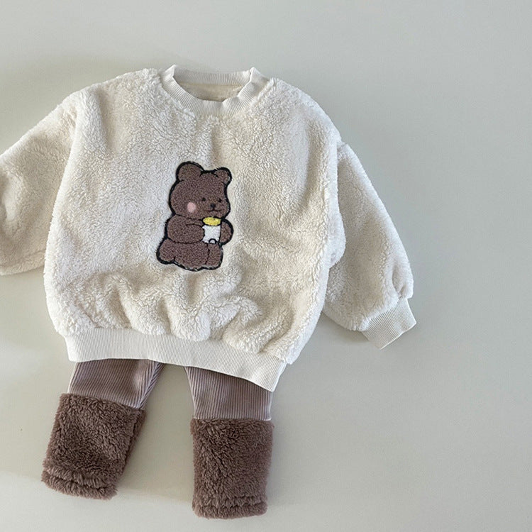 Baby Bear Embroidered Pattern Plush Hoodies Combo Pants  Pieces Sets