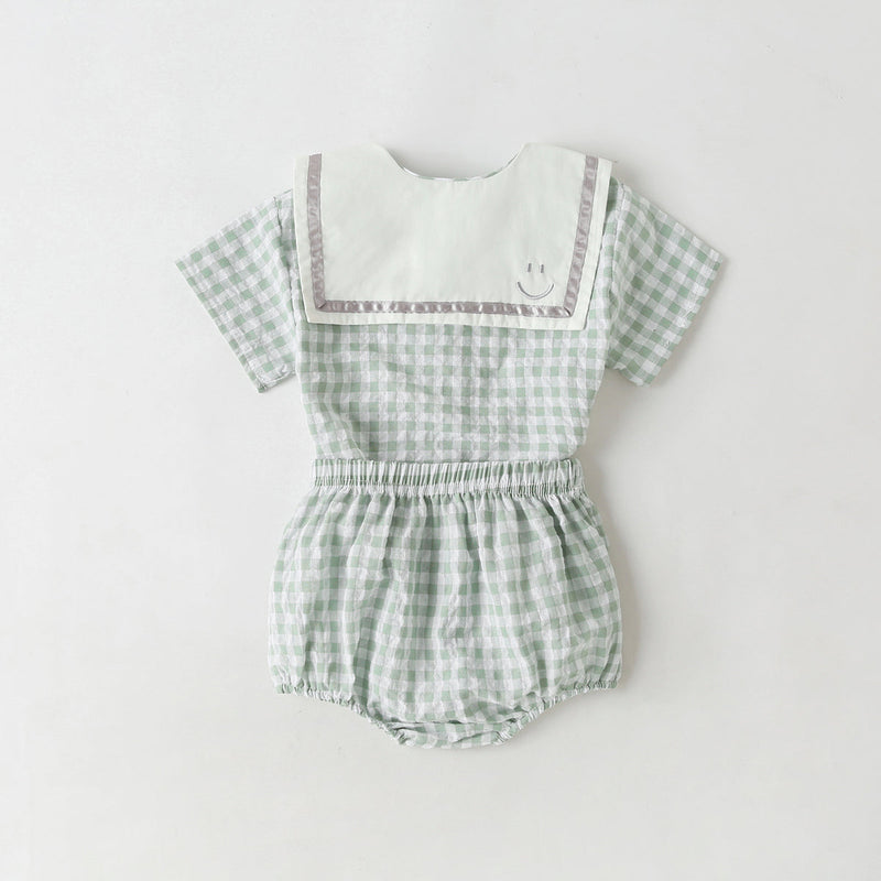 Baby Girl 1pcs Plaid Pattern Contrast Tape Lapel Design Combo Shorts Sets