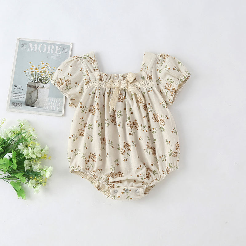 Baby Girl Floral Print Pattern Puff Sleeved Design Onesies With Bow Decoration In Summer