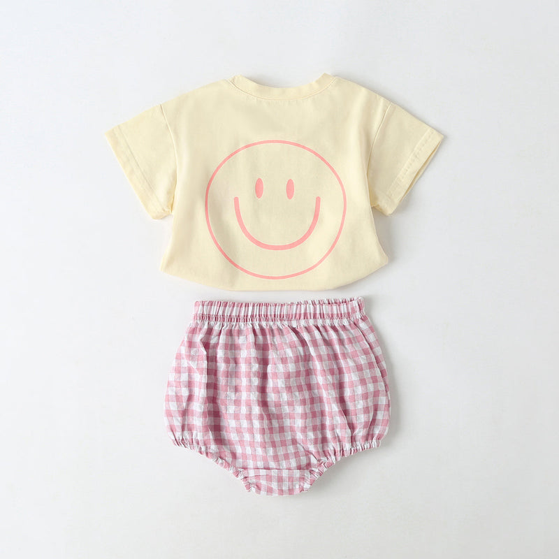 Baby Smiley Print Pattern Solid Tee Combo Plaid Pattern Triangle Shorts Sets