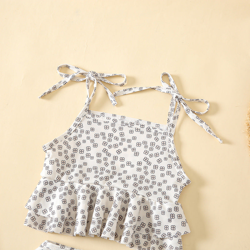 Baby Girl Floral Print Pattern Belt Design Sling Tops Combo Shorts Swimsuit Sets In Summer