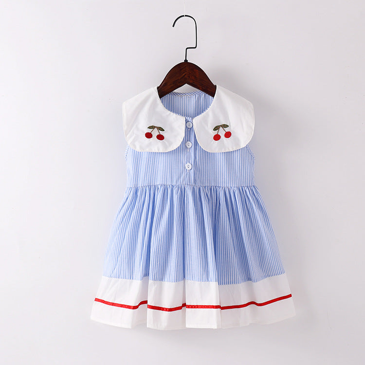 Baby Girl Cherry Embroidery Pattern Color Blocking Lapel Design Sleeveless Dress