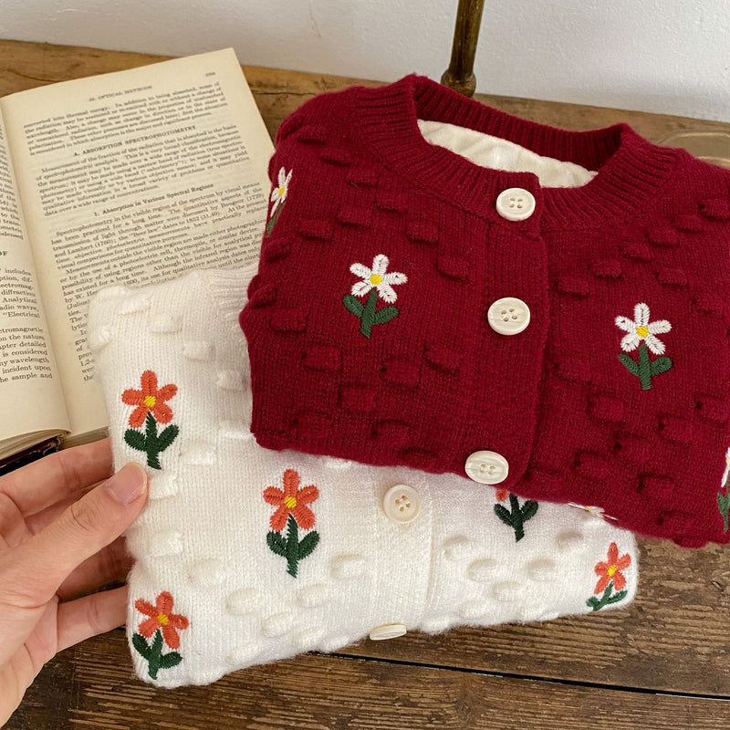 Baby Girl Flower Embroidered Pattern Thickened Knit Single Breasted Design Cardigan