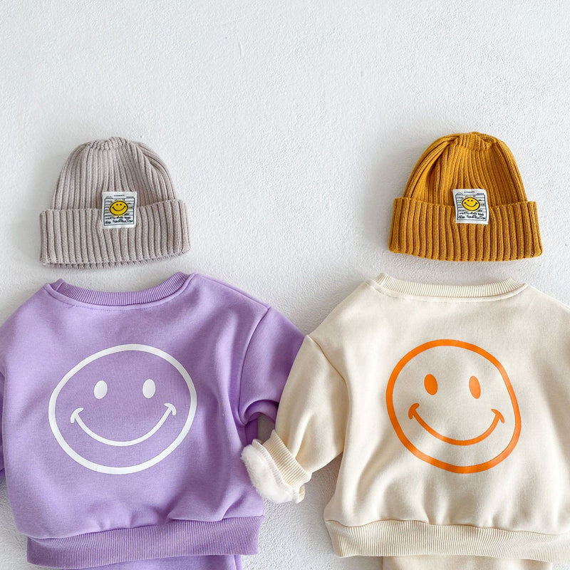 Baby Slogan Graphic Longsleeve Hoodie Combo Smiley Print Trousers Sets