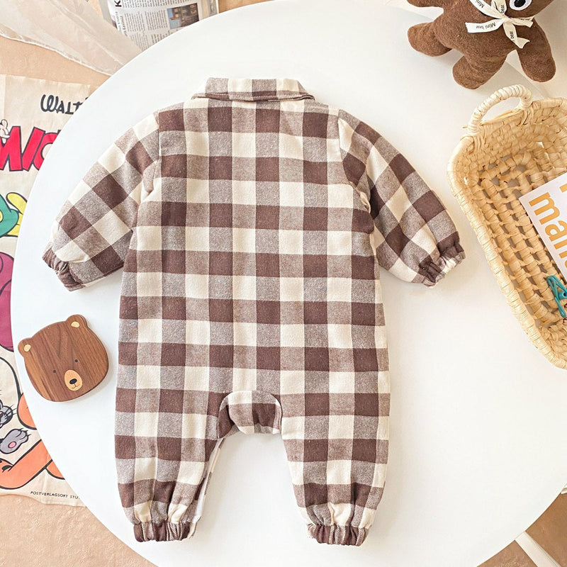 Baby Boy Plaid Pattern Snap Button Front Long-sleeved Thick Rompers