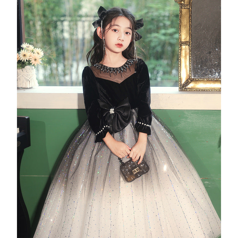 Princess Black Bow Birthday Dress For Girls: Luxurious Long-Sleeved Piano Performance Attire , Perfect For Spring Celebrations