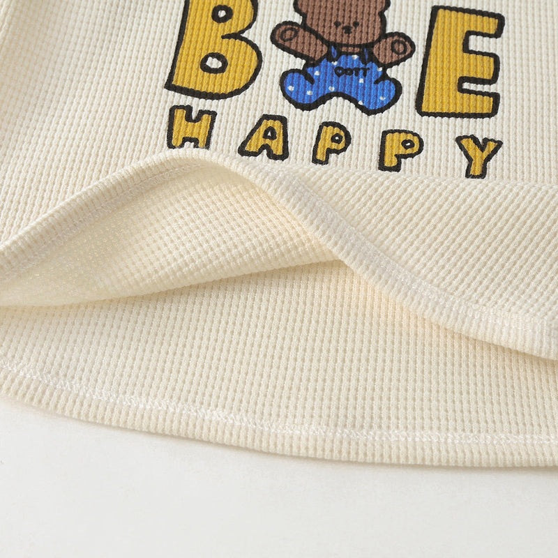 Baby Cartoon Bear & Slogan Pattern Waffle Fabric Tops Combo Solid Shorts 1-Piece Sets