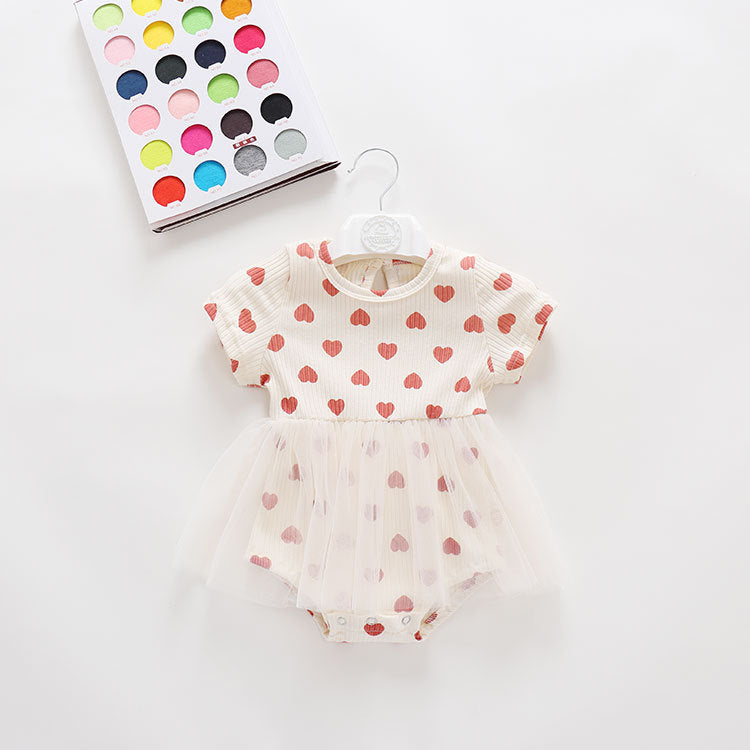 Baby Girl Mesh Patchwork Design Small Heart Print Pattern Round Neck Short-Sleeve Onesie Dress