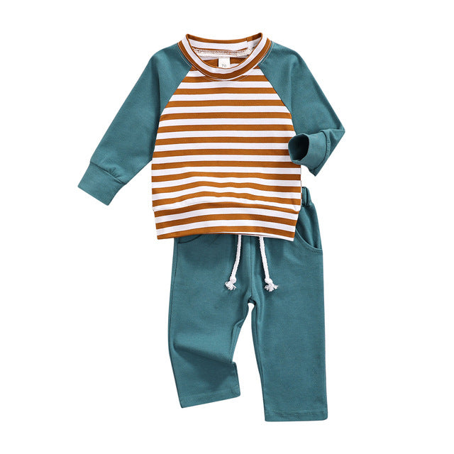 Baby Striped Pattern Contrast Design Hoodies Combo Solid Pants Sets