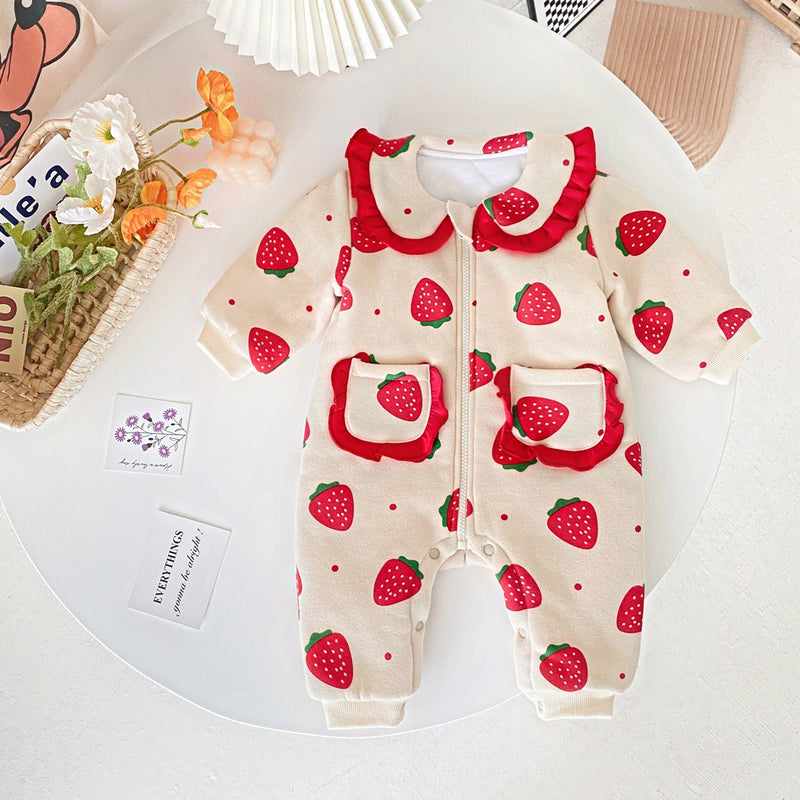 Baby Girl Strawberries Print Zipper Front Design Lace Patchwork Warm Quilted Romper