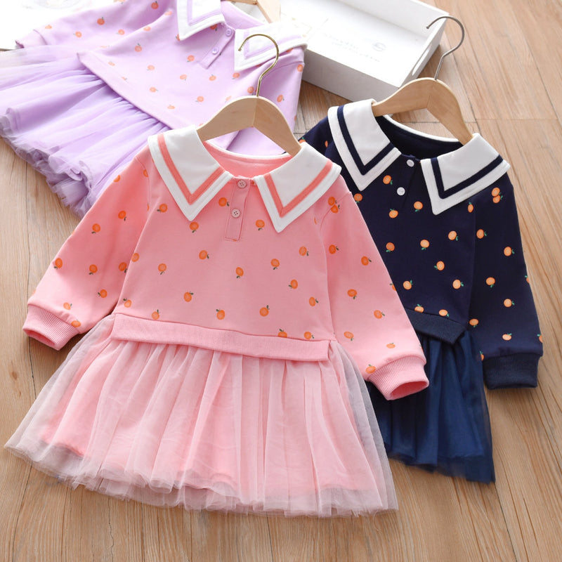 Baby Girl Fruit Pattern College Style Lapel Design Mesh Patchwork Dress