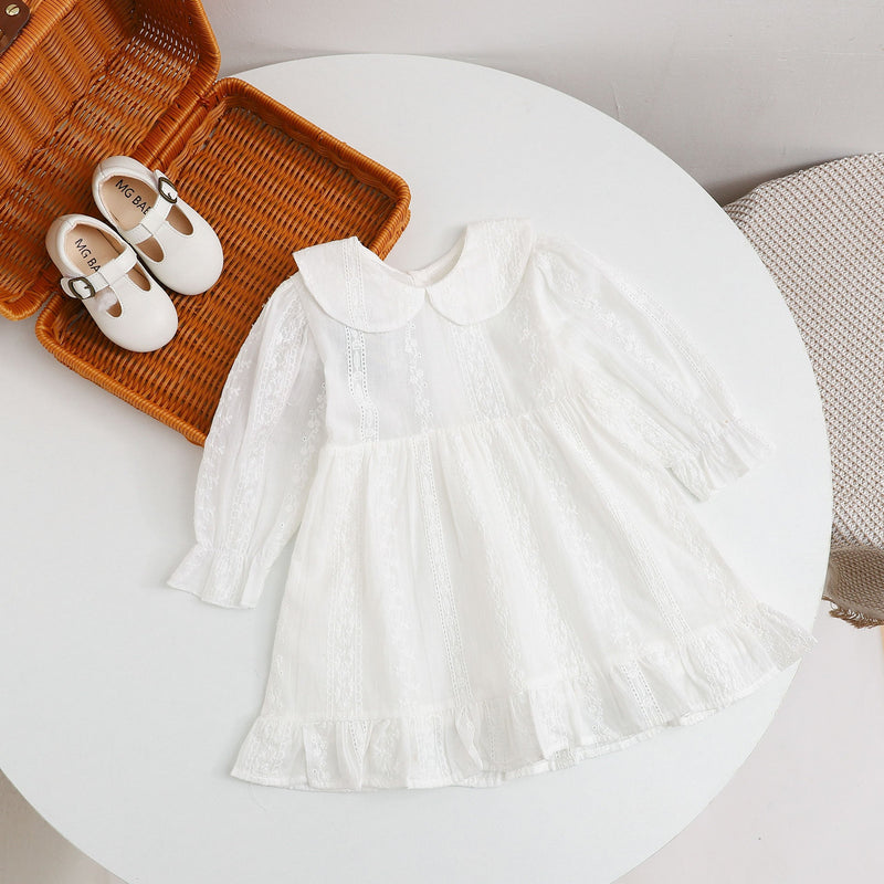 Baby Girl Solid Color White Mesh Embroidered Pattern Long Sleeve Dress