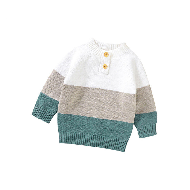 Baby Boy Color block Pattern Quarter Button Design Pullover Crewneck Knitwear Sweater