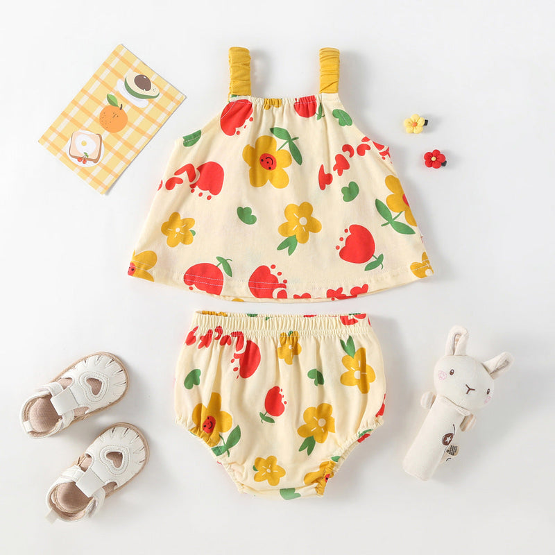 Summer Baby Kids Girls Floral Pattern Sleeveless Strap Top Dress And Bloomers Casual Clothing Set