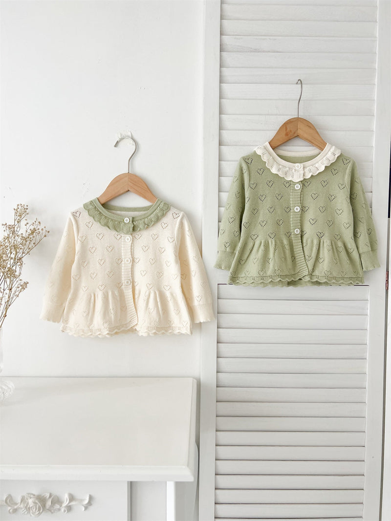 Autumn New Arrival Baby Kids Girls Comfortable Hollow-out Design Knitted Long Sleeves Top with Heart Pattern and Collar